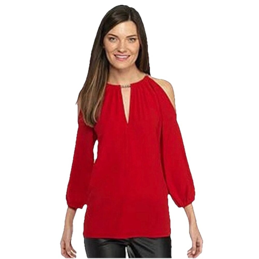 MICHAEL KORS Red Silver Chain Cold Shoulder 3/4 Length Sleeve Top Sz XS